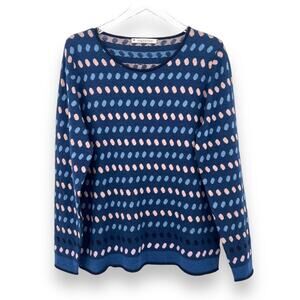 Mansted sweater merino wool blend navy blue tan geometric print pullover XL